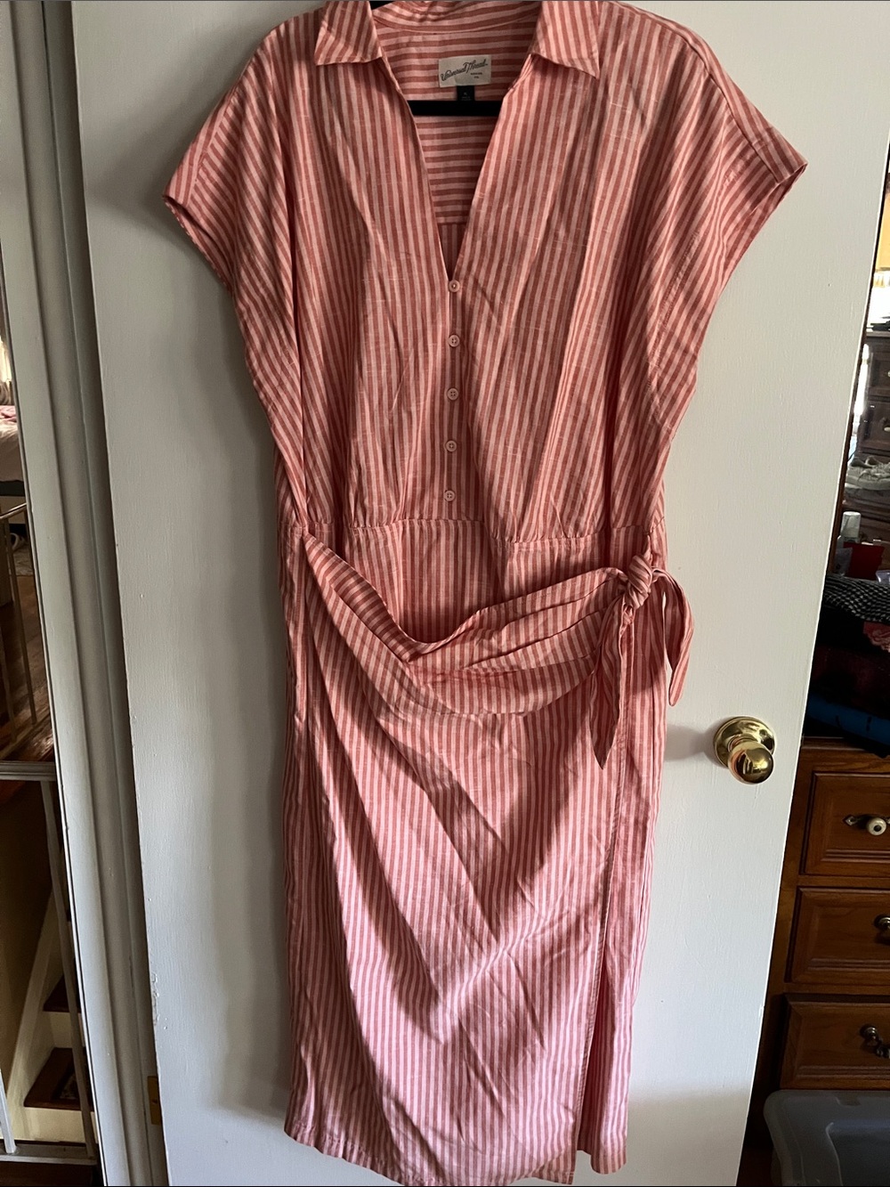 Universal Thread Pink Striped Tie-Waist Midi Shirt Dress